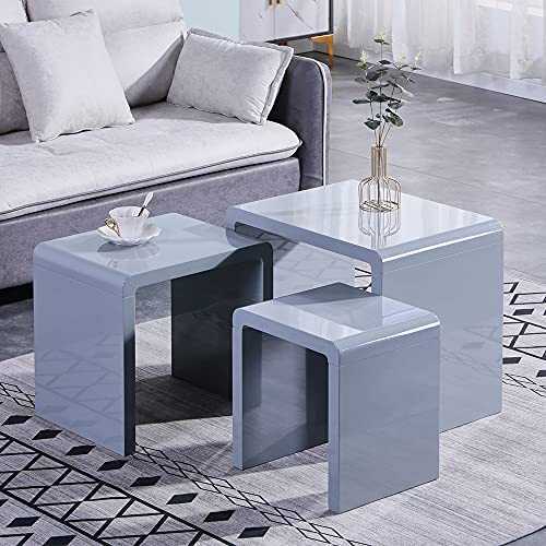 GOLDFAN Grey Nesting of 3 Tables High Gloss Coffee Table Multi-function Living Room Wood Sofa Side End Set of 3 Coffee Tables for Office Furniture