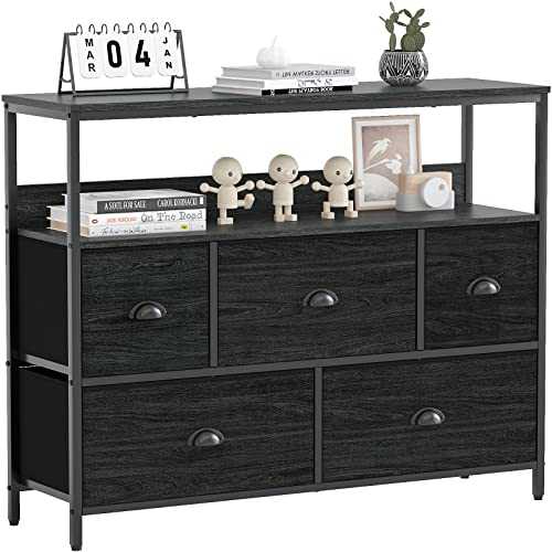 Furologee Console Sofa Table, TV Stand Console Table with Shelves, Dresser with 5 Fabric Drawers Closet Storage Organizer for Bedroom/Living Room/Entryway/Hallway, Black Oak