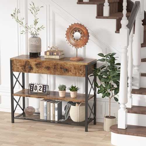 Tribesigns Console Table With Drawer and 2-Tier Storage Shelves, Industrial Wood and Metal Entrance Console Hallway Table, Rustic Sofa Side Table for Entryway Living Room Bedroom, Easy Assembly