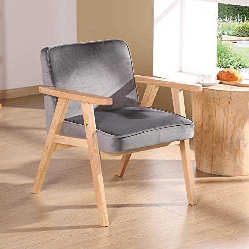 Wahson Velvet Armchair Mid-Century Accent Chair with Solid Wood Legs Padded Seat,Tub Chair for Bedroom/Living Room/Balcony (Grey-Armchair)