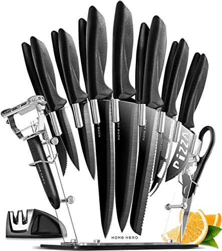 17 Pieces Kitchen Knives Set, 13 Stainless Steel Knives + Acrylic Stand, Scissors, Peeler and Knife Sharpener