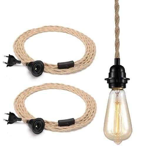 2er Pack DIY 15ft Industrial Vintage Ceiling Pendant Light Cord Hanging Light Kit with Twisted Hemp Rope Switch Plug in Fabric Lamp Cord Socket Set E26 E27 Edison Lighting Fixture Cable for Farmhouse