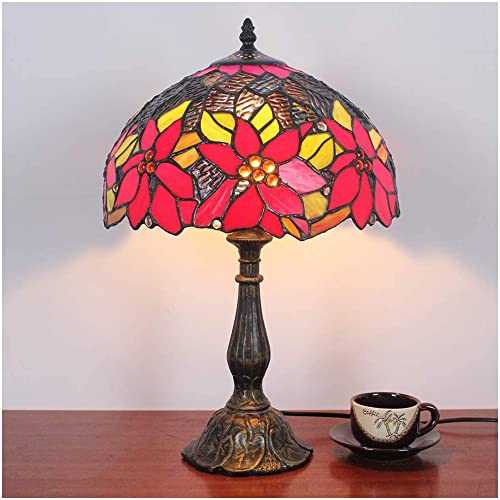 N/A Tiffany Accent Table Lamp 9.8" Wide Handmade Stained Glass Lamp Shade 1 Light Victorian Style Vintage Table Lamp for Living Room Bedroom, Antique Brass