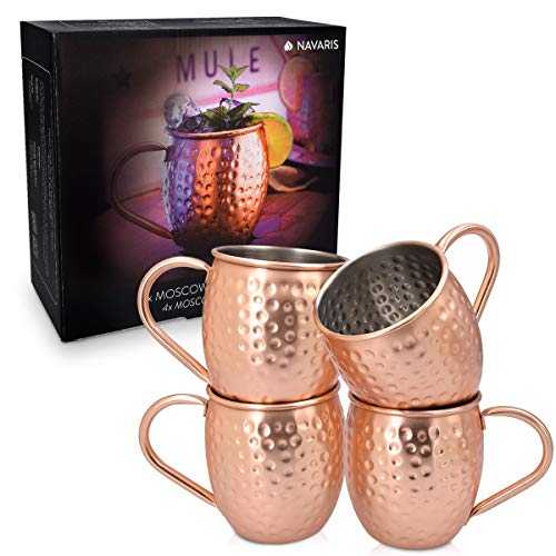 Navaris 4x Moscow Mule Copper Mugs - 500ml / 16.9oz Set of 4 Copper Plated Stainless Steel Cups with Large Handle for Ice Cold Drinks, Beer, Cocktails