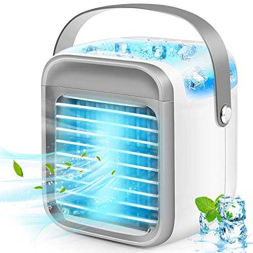 Portable Air Cooler, Rechargeable Evaporative Air Conditioner Fan with 3 Speeds 7 Colors, 3 in 1 Air Cooler with Water Tank, Cordless Personal Air Cooler with Handle for Home, Office and Room
