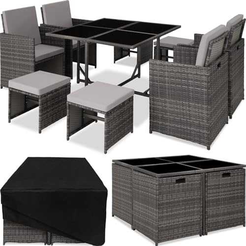 TecTake 800820 Rattan Garden Dining Cube Set 4+4 Seats + 1 Table | incl. Protection Slipcover | Stainless Steel Screws (Grey)