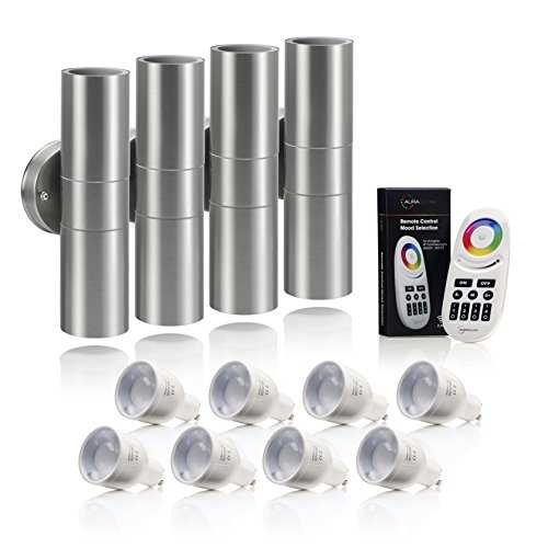 Auraglow Stainless Steel Double Up & Down Outdoor Wall Light with RF Remote Control Colour Changing LED Bulbs - 4 Pack