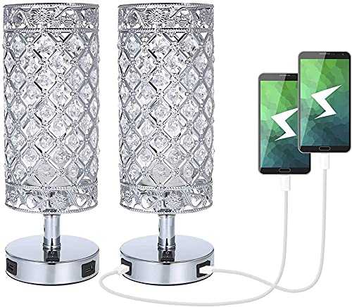 Tomshine Crystal Bedside Table Lamp with 2 USB Charging Port,Pairs of Modern Sliver Nightstand Desk Lamp for Bedroom Lounge Guest Room,2 Pack