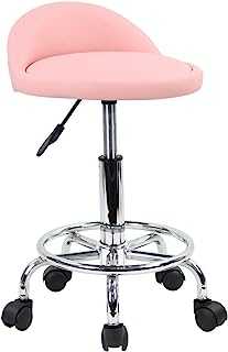 KKTONER PU Leather Round Rolling Stool with Foot Rest Height Adjustable Swivel Drafting Work SPA Task Chair with Wheels (Pink)