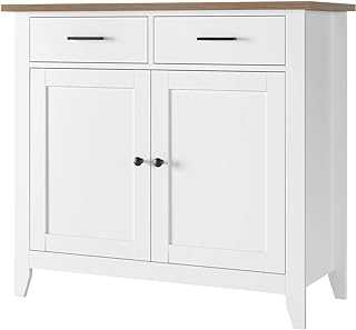 HOCSOK Sideboard, Kitchen Storage Cabinet with 2 Drawers and 2 Doors, Freestanding Cupboard for Kitchen, Living Room, Dining Room, Hallway, White & Oak, 91x40x82cm
