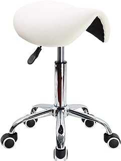 KKTONER Rolling Saddle Stool PU Leather Swivel Adjustable Rolling Stool with Wheels Salon Chair (White)