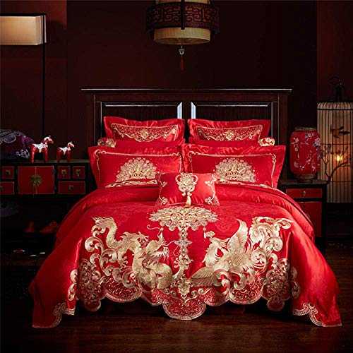 Bedding 4 Piece Red Luxury Satin Jacquard bedding sets Golden Dragon embroidery bed set double queen king size duvet cover bedspread set pillowc-A_King size 6pcs