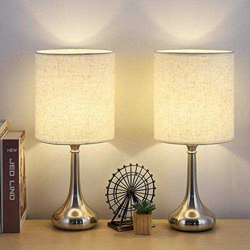 Bedside Table Lamps Set of 2, Small Modern Metal Desk Lamps with Fabric Shade, Nightstand Lamp