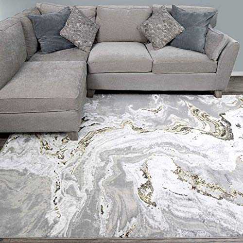 Modern Designer Silver Grey Gold Marble Effect Area Rug Plush Anti Shed Lounge Living Room Carpet Rugs 120cm x 170cm
