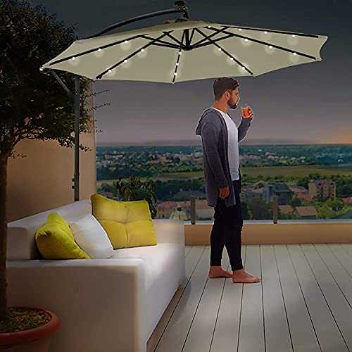 XKESBS Cantilever Parasol 2.5m Outdoor Led Parasol Patio Solar Sun Shade Garden Banana Cantilever Hanging Umbrella,Beige