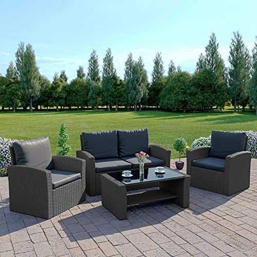 Abreo Rattan Garden Furniture Patio Conservatory New 4 Seater Wicker Weave Algarve Sofa Set (Solid Grey with Dark Cushions) INCLUDES OUTDOOR PROTECTIVE COVER