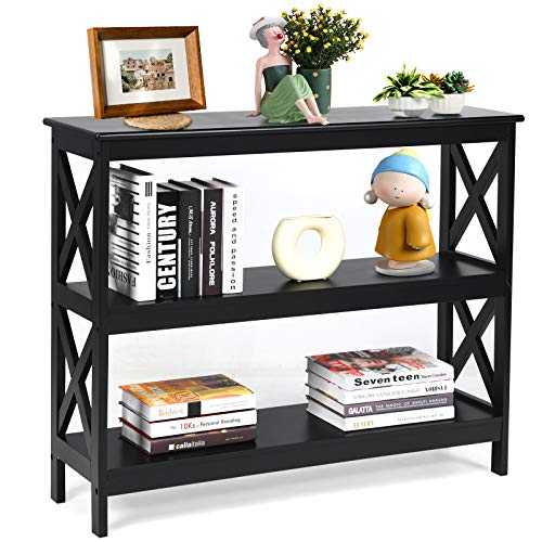 CASART 3-Tier Console Table, X-Design Wooden Side End Table with Shelves, Narrow Sofa Table Hall Desk for Living Room Bedroom Entryway (Black)