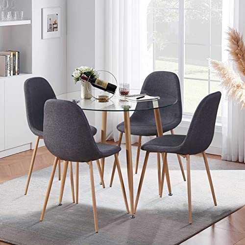 GOLDFAN Glass Dining Table and Chairs Set of 4 Modern Round Kitchen Table and 4 Fabric Chairs 4 Seater Dining Room Furniture,Grey/90CM