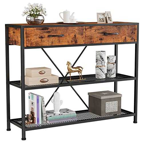Console Table for Entryway with Drawers, Tall TV Stand, Industrial Narrow Entryway Table, 3 Tiers Sofa Table with Storage Shelves for Living Room, Couch, Hallway, Foyer, Kitchen Counter, Rustic Brown