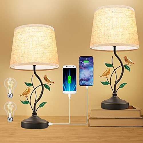 Bedside Lamp, Touch Control 3-Way Dimmable Classic Table Lamp with Dual USB Port, Lamps for Bedrooms Set of 2 Pack with Flaxen Fabric Shade, Nightstand Lamps with Leaves and Birds Design Style