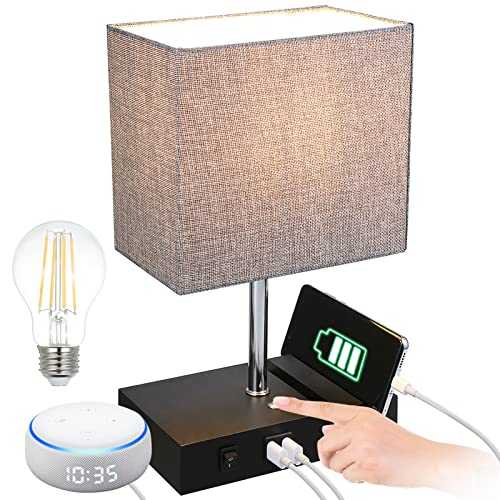 USB Table Lamp,Touch Control Bedside Lamp with 2 Fast Charging USB Ports,Grey Dimmable Nightstand Lamp with 2 Phone Stand for Bedroom, Living Room,Study (Bulb Included)