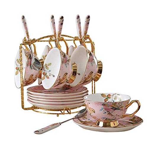 Tea Set 12 Pieces Gold Trim Flower Pattern Afternoon Tea Drinkware Coffee Set For Party And Dinner Coffee And Tea Service With 6 Piece Cups Ceramic Tea Sets