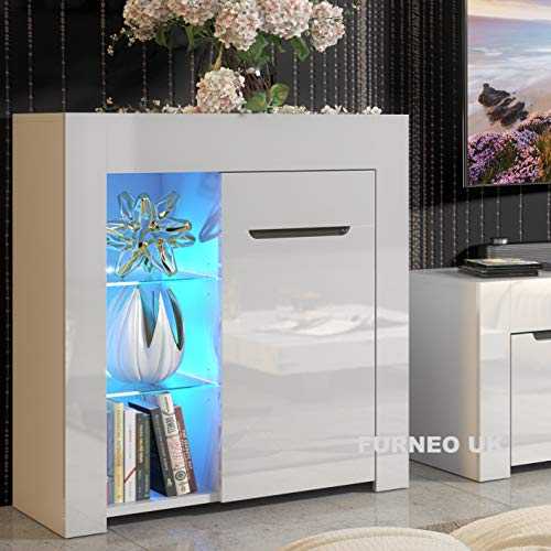 Furneo Matt & High Gloss White Cabinet Cupboard Sideboard Unit Coronato02 Blue LED Light