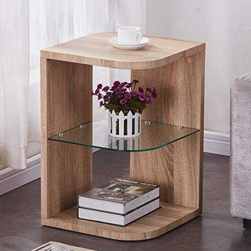GOLDFAN Glass Wood Side Table End Table Small Coffee Table Lamp Sofa Bedside Table with Storage for Living Room/Bed Room, Oak Finish