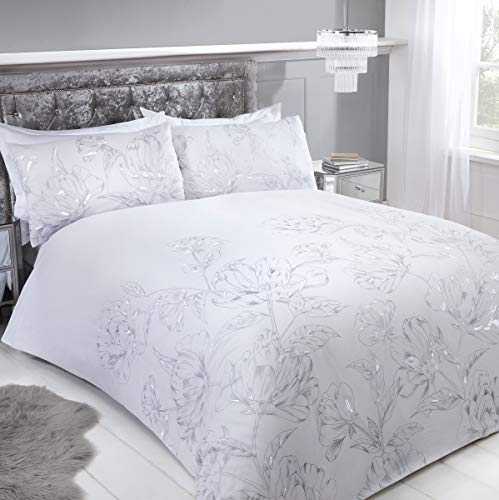 Sleepdown Metallic Floral White Luxury Soft Easy Care Duvet Cover Quilt Bedding Set with Pillowcases - Super King (220cm x 260cm)