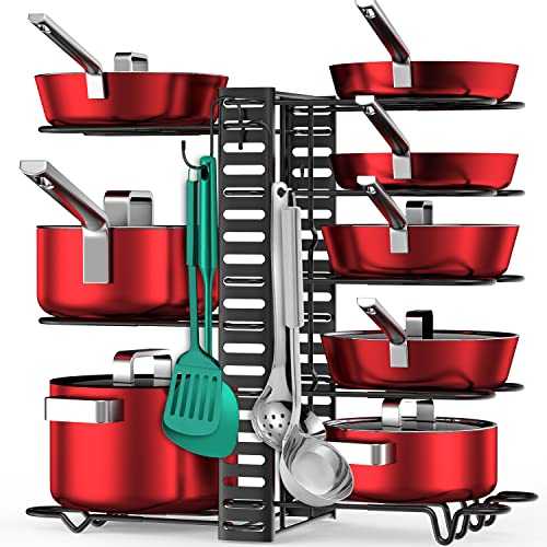 LeeWent Pots and Pans Organizer for Cabinet with 2 Hooks, Adjustable Pot and Pan Organizer Rack for Cabinet 8 Tiers Durable Steel Construction Pot Rack Space Saving Kitchen Storage