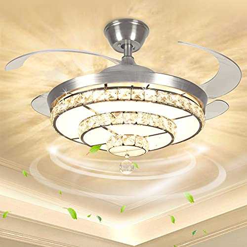 Modern Elegant Crystal Ceiling Light with Fan Retractable Blades, Ceiling Fan Lights with Remote Control, 3 Color Changeable, Chandelier Light with Adjustable Speed,Timing, K9 Crystal Beads