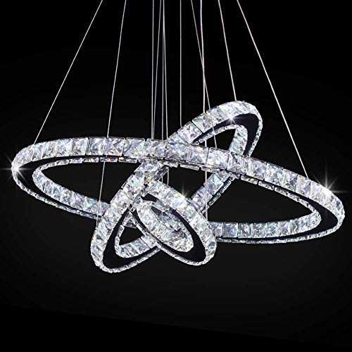 Finktonglan LED Chandeliers 23.6 x 15.7 x 7.9 inches Modern Ceiling Lamps Contemporary 3 Rings Pendant Lighting Crystal Light Fixture Dining Room Living Room (Cool White)