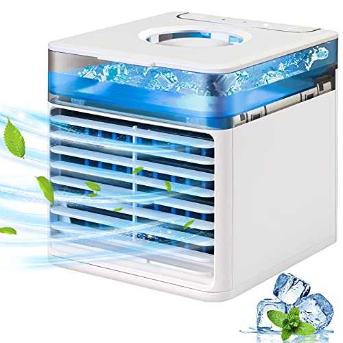 Portable Air Cooler, JIMACRO Evaporative Cooling Fan USB Small Personal Space Air Conditioner Cooler and Humidifier, Air Cooler Desk Fan Cooling with 7 LED lights for Home Office
