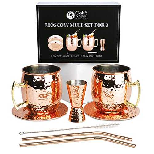 Oak & Steel - 2 Moscow Mule Copper Mugs with Coasters, Jigger, Straws and Brush