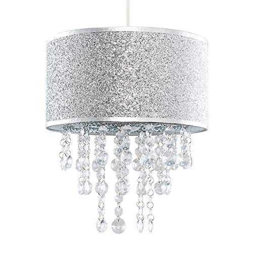 Modern Silver Glitter Cylinder Ceiling Pendant Light Shade with Clear Acrylic Jewel Droplets