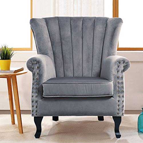 INMOZATA Grey Armchair High Fireside Chair Velvet Accent Tub Chair Load Maximum Weight 150kg Queen Anne Chair for Living Room Bedroom Dining Reception(Grey)