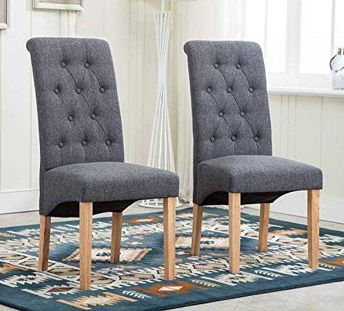 Folk Set of 2 x Dining Chairs Kitchen Side Dining Chairs Upholstered Seat for Counter Lounge Living Room Corner Accent Chairs with Backrest & Soft Seat Wood Legs Reception Chairs Linen (Dark Grey)