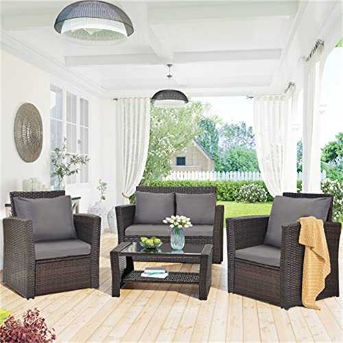 PULUOMIS Rattan Garden Funiture Set 5 Pieces Patio Rattan Sofa for Outdoor Conversation Set with Fitting Furniture Cover, Brown