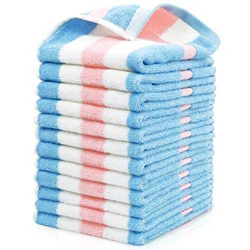 Quick Dry Bath Washcloths Set of 12, 100% Cotton Washcloth Face Towels for Bathroom, Premium Wash Clothes for Body 13 x 13 Inches, Blue & Peach-Pink Striped