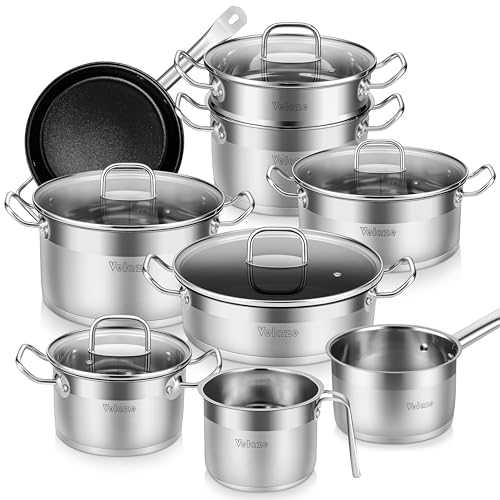 Velaze Cookware Set 14-Piece Stainless Steel Pot & Pan Sets Induction Safe, Saucepan, Casserole, Casserole, pan with Glass lid