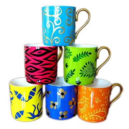 Boxed Set of 6 Hand Painted Bone China Mugs in the 'Happy' Design
