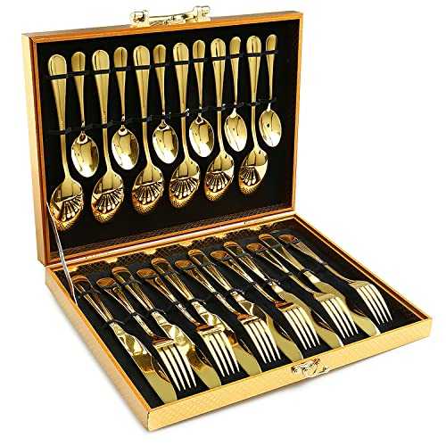 Cutlery Set, OGORI 24-Piece Mirror Polished Gold Unique Wooden Box Design for Gift, Stainless Steel Flatware Set, Silverware Set with Spoon Knife and Fork Set, Service for 6