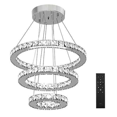 HOMCOM Modern LED Chandelier with 3 Crystal Rings, Dimmable Pendent Ceiling Light Cool Warm White with Adjustable Cable Remote Controller for Living Room, Dining Room, Bedroom, Silver