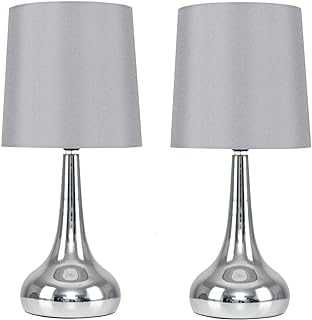 MiniSun Pair of Modern Chrome Teardrop Touch Bed Side Table Lamps with Grey Fabric Shades