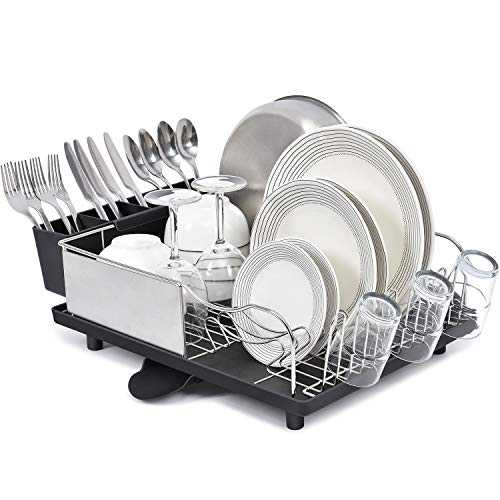 Kingrack Dish Drainer, Stainless Steel Dish Rack, Dish Drying Rack with Anti-Rust Frame, Optional 2 Direction Spout Drain Board Design, Removable 4 Compartment Utensil Holder for Kitchen, Black