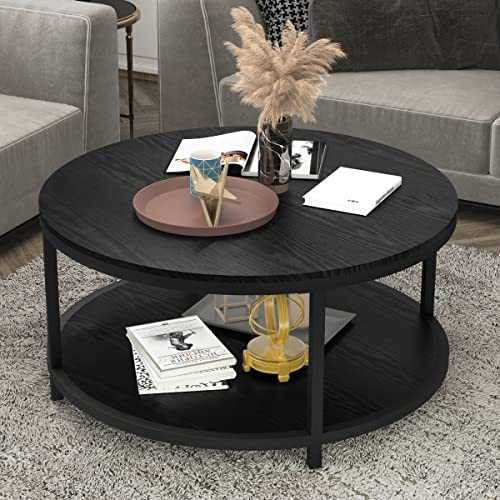 NSdirect Round Coffee Table, 36 Inch Rustic Wood Top Heavy Duty Metal Legs Industrial Sofa Table for Living Room Modern Design Home Furniture with Storage Open Shelf (Black)