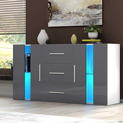 2 Doors 3 Drawers Sideboard Cupboard Unit Cabinet RGB LED lighted Storage (Gray)