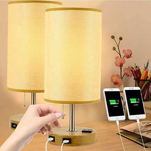 Depuley Modern USB Table Lamp,Minimalist Beside Lamp with 2 USB Ports and AC Outlet,Khaki Fabric Linen Shade,Round Nightstand Lamp for Living Room, Bedroom, Coffee Table, 2 Pack(E27 Bulbs Included)