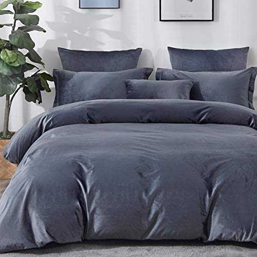 David's Home Velvet Duvet Cover Set Queen Size, Luxury Comforter Cover with 2 Pillow Covers, Bedding Set with Corner Ties and Button Closure-90” x 92”, Blue Greyish