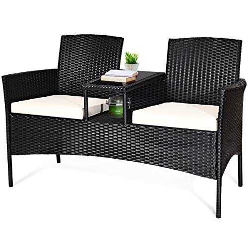 COSTWAY 2-Seater Rattan Chair with Glass Coffee Table and Removable Cushion, Outdoor Garden Patio Wicker Loveseat Conversation Furniture Set Partner Bench (Black + Beige)